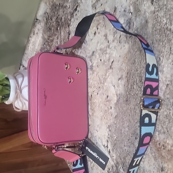 KARL LAGERFELD NWT PARIS GRAPHIC LOGO STRAP CROSSBODY BAG ROSE HEARTS - Picture 2 of 8